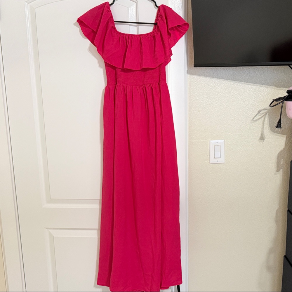 HYFVE Hot Pink Ruffle-Sleeve Midi Dress
